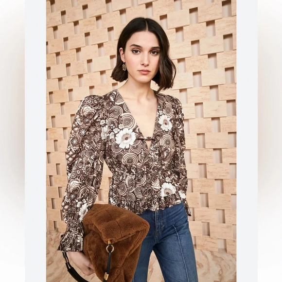 ULLA JOHNSON || Ren Blouse Teak Brown Beige Cream Floral Ruffle Pleated Size 2 - Picture 1 of 8